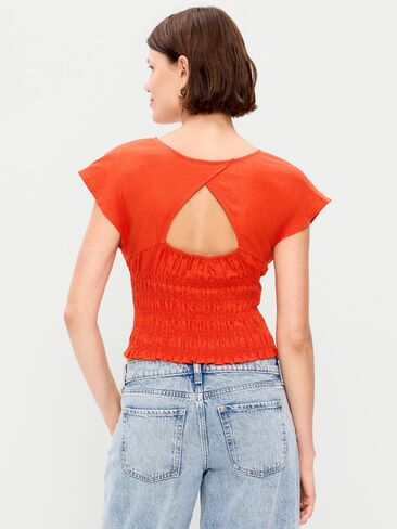 Old Navy Linen-Blend Short-Sleeve Smocked Top - Ornament Orange in Saudi Arabia