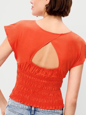 Old Navy Linen-Blend Short-Sleeve Smocked Top - Ornament Orange in Saudi Arabia