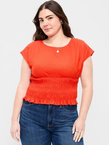 Old Navy Linen-Blend Short-Sleeve Smocked Top - Ornament Orange in Saudi Arabia
