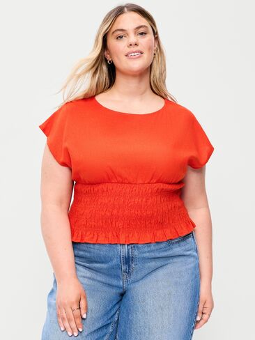 Old Navy Linen-Blend Short-Sleeve Smocked Top - Ornament Orange in Saudi Arabia