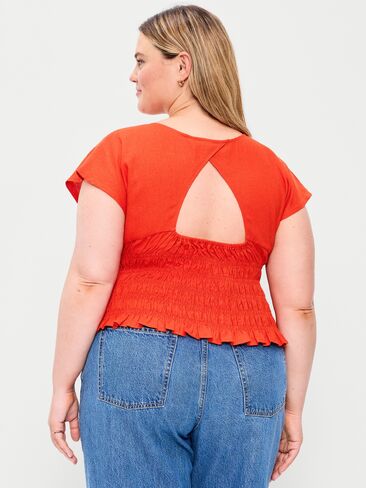 Old Navy Linen-Blend Short-Sleeve Smocked Top - Ornament Orange in Saudi Arabia