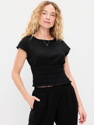 Old Navy Linen-Blend Short-Sleeve Smocked Top - Black Jack in Saudi Arabia