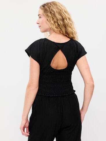 Old Navy Linen-Blend Short-Sleeve Smocked Top - Black Jack in Saudi Arabia