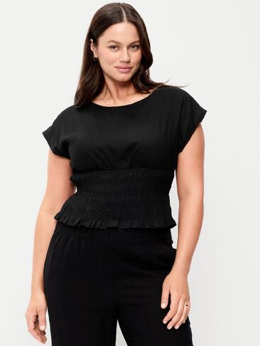 Old Navy Linen-Blend Short-Sleeve Smocked Top - Black Jack in Saudi Arabia