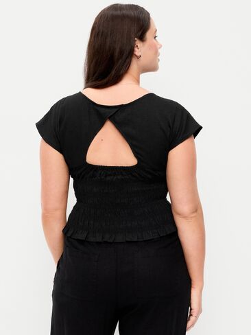 Old Navy Linen-Blend Short-Sleeve Smocked Top - Black Jack in Saudi Arabia