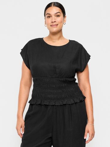 Old Navy Linen-Blend Short-Sleeve Smocked Top - Black Jack in Saudi Arabia