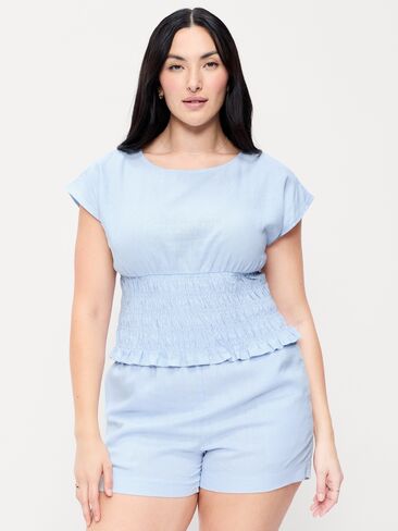 Old Navy Linen-Blend Short-Sleeve Smocked Top - Sky Maintenance in Saudi Arabia