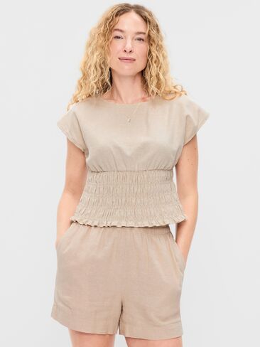 Old Navy Linen-Blend Short-Sleeve Smocked Top - Flax Linen in Saudi Arabia