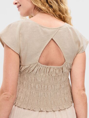 Old Navy Linen-Blend Short-Sleeve Smocked Top - Flax Linen in Saudi Arabia
