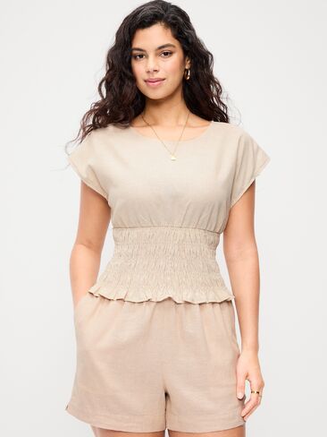 Old Navy Linen-Blend Short-Sleeve Smocked Top - Flax Linen in Saudi Arabia
