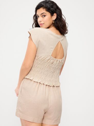 Old Navy Linen-Blend Short-Sleeve Smocked Top - Flax Linen in Saudi Arabia