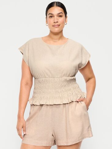 Old Navy Linen-Blend Short-Sleeve Smocked Top - Flax Linen in Saudi Arabia