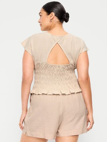 Old Navy Linen-Blend Short-Sleeve Smocked Top - Flax Linen in Saudi Arabia