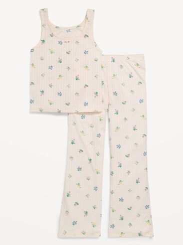 Old Navy Printed Ribbed Pajama Tank Top and Flare Pants Set for Girls - Cream Floral in Saudi Arabia