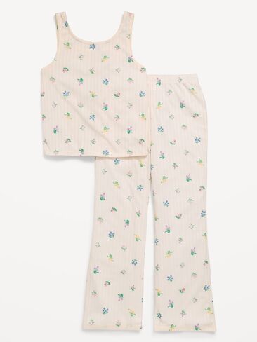 Old Navy Printed Ribbed Pajama Tank Top and Flare Pants Set for Girls - Cream Floral in Saudi Arabia