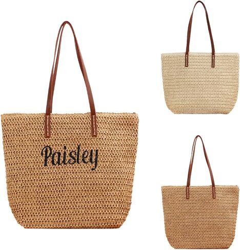 Ulico Personalized Straw Beach Bags for Women, Large Tote Bag with Embroidered Name， Lightweight Foldable Shoulder Bag in Saudi Arabia