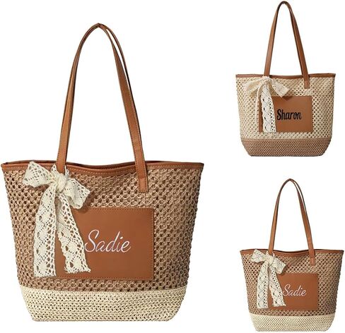Ulico Personalized Straw Beach Bags for Women, Large Tote Bag with Embroidered Name， Lightweight Foldable Shoulder Bag in Saudi Arabia