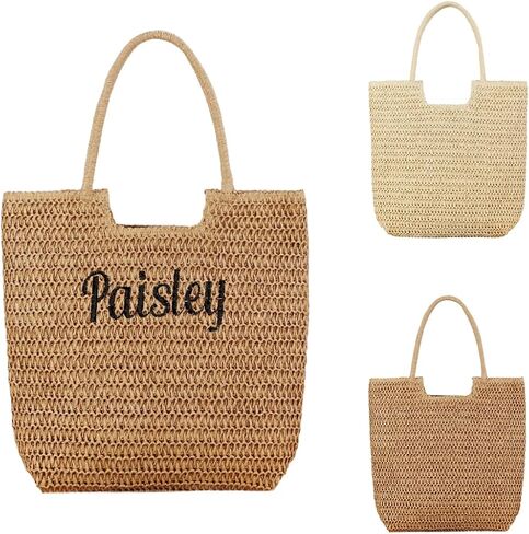 Ulico Personalized Straw Beach Bags for Women, Large Tote Bag with Embroidered Name， Lightweight Foldable Shoulder Bag in Saudi Arabia