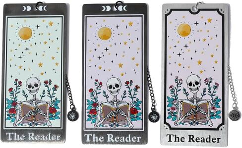 1Pc Unique Skull Reader Bookmark - Metal Bookmark with Black Tassel, Star and Rose Pattern, Engraved “The Reader" Gothic Jewelry, for Women Readers Dark Academia Gothic Gift (Silver Skull Reader) in Kuwait