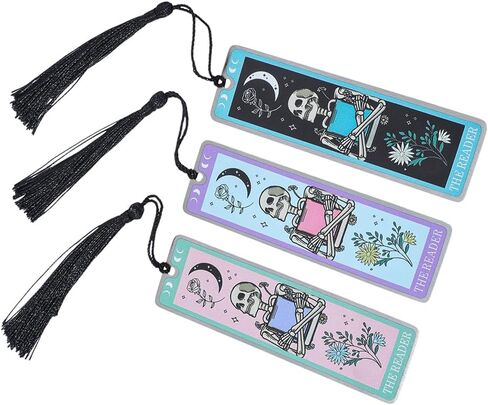 1Pc Unique Skull Reader Bookmark - Metal Bookmark with Black Tassel, Star and Rose Pattern, Engraved “The Reader" Gothic Jewelry, for Women Readers Dark Academia Gothic Gift (Silver Skull Reader) in Saudi Arabia