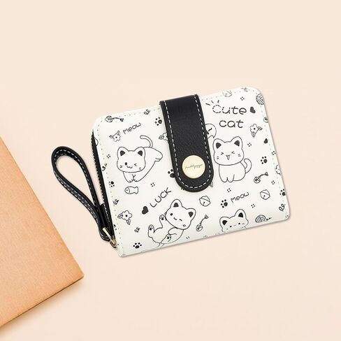 Women Wallets, PU Material Small Womens Wallets Small Cute Wallet for Woman, Lovely Cat Patterns Credit Card Holder Wallets with Zipper for Cash, Keys, ID Cards, Coin(Black) in Saudi Arabia