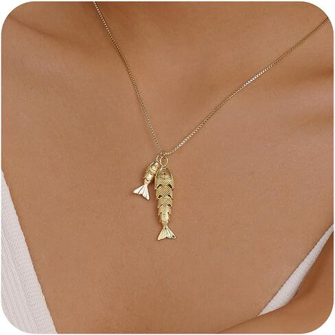 Evabelle Gold Necklace for Women Fish Cross Necklace Hypoallergenic Waterproof 14K Gold Plated Nickel Free Non Tarnish Chain Koi Fish Ocean Beach Cross Pandent Necklace Dainty Jewelry in Saudi Arabia