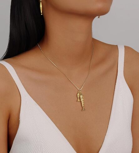 Evabelle Gold Necklace for Women Fish Cross Necklace Hypoallergenic Waterproof 14K Gold Plated Nickel Free Non Tarnish Chain Koi Fish Ocean Beach Cross Pandent Necklace Dainty Jewelry in Saudi Arabia