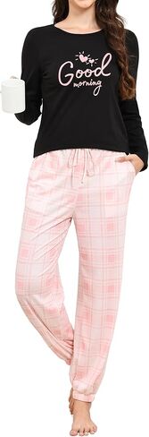 GAESHOW Pajama Sets for Women 2 Piece Cotton Long Sleeve Pajamas Set Cute Print Top and Plaid Pants Soft Sleepwear Pjs in Saudi Arabia