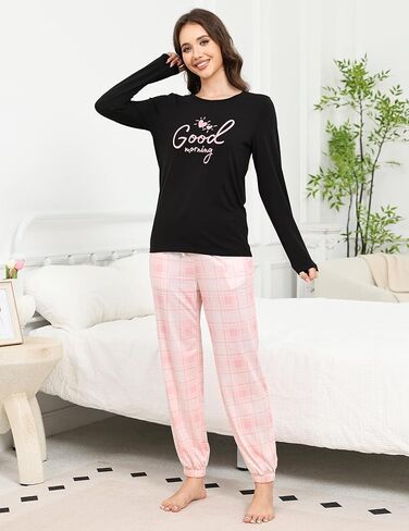 GAESHOW Pajama Sets for Women 2 Piece Cotton Long Sleeve Pajamas Set Cute Print Top and Plaid Pants Soft Sleepwear Pjs in Saudi Arabia