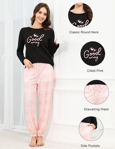GAESHOW Pajama Sets for Women 2 Piece Cotton Long Sleeve Pajamas Set Cute Print Top and Plaid Pants Soft Sleepwear Pjs in Saudi Arabia