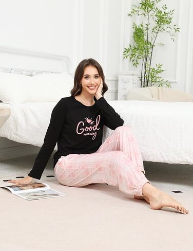 GAESHOW Pajama Sets for Women 2 Piece Cotton Long Sleeve Pajamas Set Cute Print Top and Plaid Pants Soft Sleepwear Pjs in Saudi Arabia