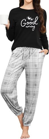 GAESHOW Pajama Sets for Women 2 Piece Cotton Long Sleeve Pajamas Set Cute Print Top and Plaid Pants Soft Sleepwear Pjs in Saudi Arabia