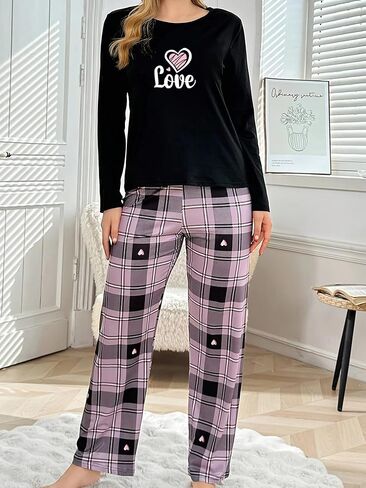 Women 2PCS Lounge Set Long Sleeve Top and Relaxed Full Length Pants Casual Indoor Outfit Soft Feel Home Wear in Saudi Arabia
