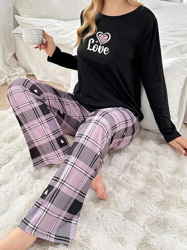 Women 2PCS Lounge Set Long Sleeve Top and Relaxed Full Length Pants Casual Indoor Outfit Soft Feel Home Wear in Saudi Arabia