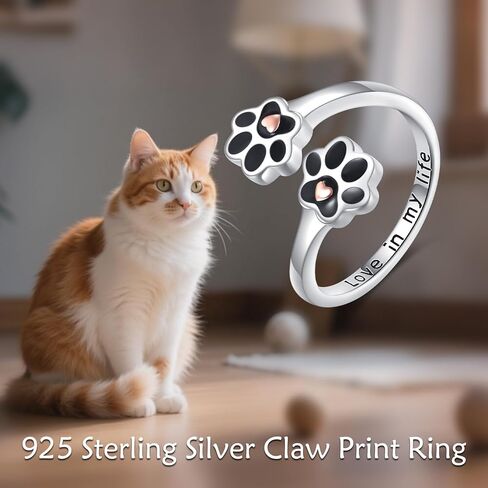 HUKKUN Paw Print Ring 925 Sterling Silver Dog Cat Adjustable Paw Ring Puppy Lovers Pet Memorial Jewelry Gifts for Women Pets Loving Friend Families in Saudi Arabia