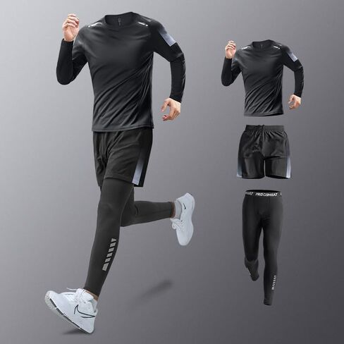 Men’s 3-Piece Activewear Set, Long-Sleeve Compression Top, Shorts & Tights for Running, Gym Workouts, Training Sessions in Saudi Arabia
