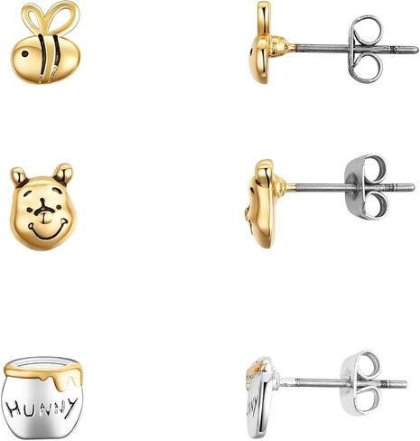 Disney Winnie-the-Pooh Bee and Honey Pot Trio Earring Set Officially Licensed | Brass with Sterling Silver and Gold Plate | Stud Earrings in Saudi Arabia