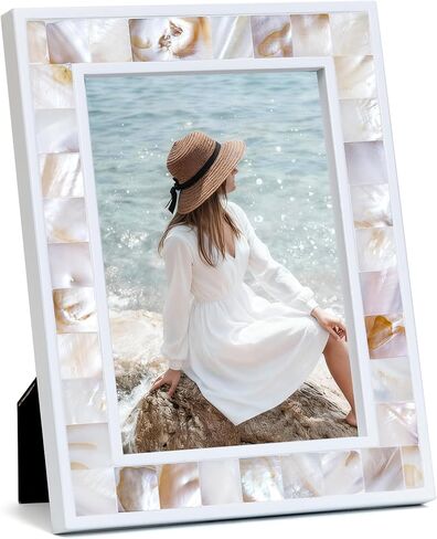 إطار صورة Tanmicoshomy مقاس 8 × 10 مع زجاج مقسّى، وإطارات صور على سطح الطاولة الساحلية بتصميم مرصع بالفسيفساء الطبيعية مع خطافات تثبيت على الحائط (8 × 10 بوصة، أبيض، قطعة واحدة) in Kuwait