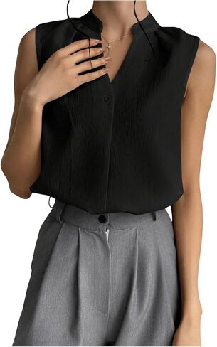 OYOANGLE Women's Notched V Neck Button Down Blouse Elegant Sleeveless Work Dressy Shirt Tops in Saudi Arabia