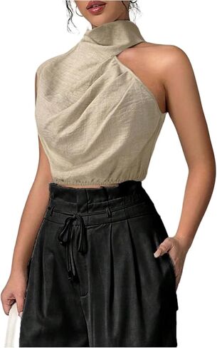 SweatyRocks Women's Linen Mock Neck Crop Blouse Elegant Sleeveless Ruched Asymmetrical Business Tops in Saudi Arabia