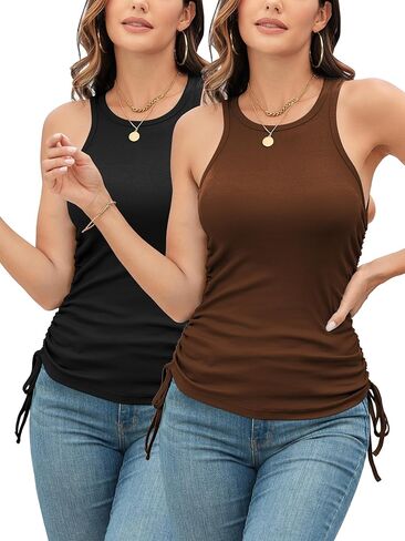 TAIPOVE 2PKS High Neck Tank Tops for Women Cotton Knit Tank Crewneck Side Ruched Drawstring -Sleeveless Basic Slim Undershirt in Kuwait