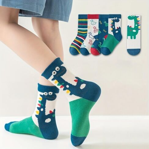 5 Pairs Soft Cotton Socks Crew Ankle Sock with Dinosaur Design Cute Pattern Dress for Spring/Summer/Autumn in Saudi Arabia