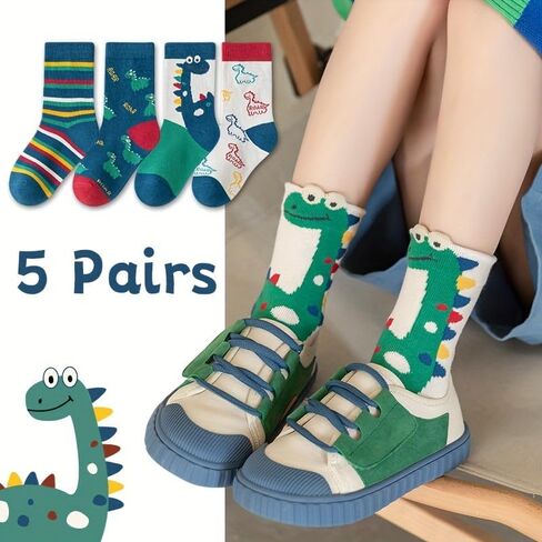 5 Pairs Soft Cotton Socks Crew Ankle Sock with Dinosaur Design Cute Pattern Dress for Spring/Summer/Autumn in Saudi Arabia