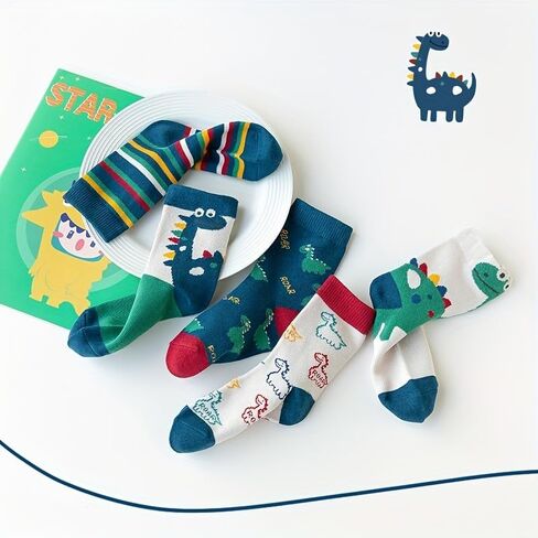 5 Pairs Soft Cotton Socks Crew Ankle Sock with Dinosaur Design Cute Pattern Dress for Spring/Summer/Autumn in Saudi Arabia