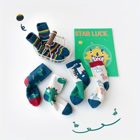 5 Pairs Soft Cotton Socks Crew Ankle Sock with Dinosaur Design Cute Pattern Dress for Spring/Summer/Autumn in Saudi Arabia