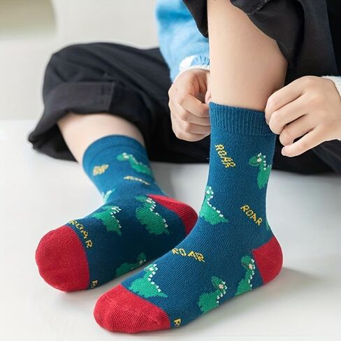 5 Pairs Soft Cotton Socks Crew Ankle Sock with Dinosaur Design Cute Pattern Dress for Spring/Summer/Autumn in Saudi Arabia