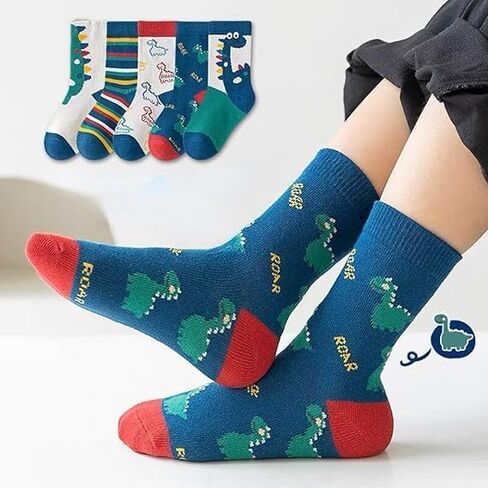 5 Pairs Soft Cotton Socks Crew Ankle Sock with Dinosaur Design Cute Pattern Dress for Spring/Summer/Autumn in Saudi Arabia