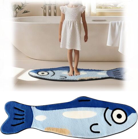 Cute Fish Bath Mat for Bathroom,Non-Slip Absorbent Bathroom Fish Rug,Fun Bath Mat can be Machine Washed 47.2" x 15.7" (Blue) in Saudi Arabia