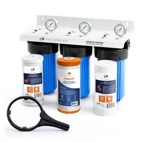 Aquaboon 3-Stage Whole House Water Filter System for Sediment & Odors Reduction Comes with 10" House Water Filters, Wrench, Bracket, Gauge & Release in Kuwait