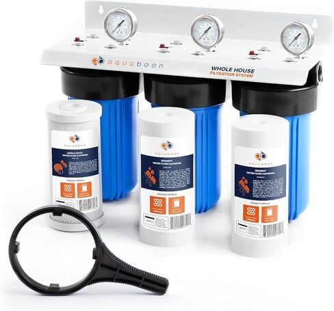 Aquaboon 3-Stage Whole House Water Filter System for Sediment & Odors Reduction Comes with 10" House Water Filters, Wrench, Bracket, Gauge & Release in Kuwait